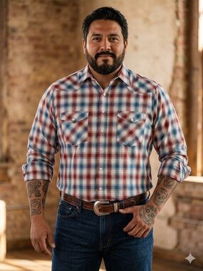 Vtg BIG MAC Men's Red & Blue Plaid Button Down Western Shirt MXT Neck 15-15 1/2”